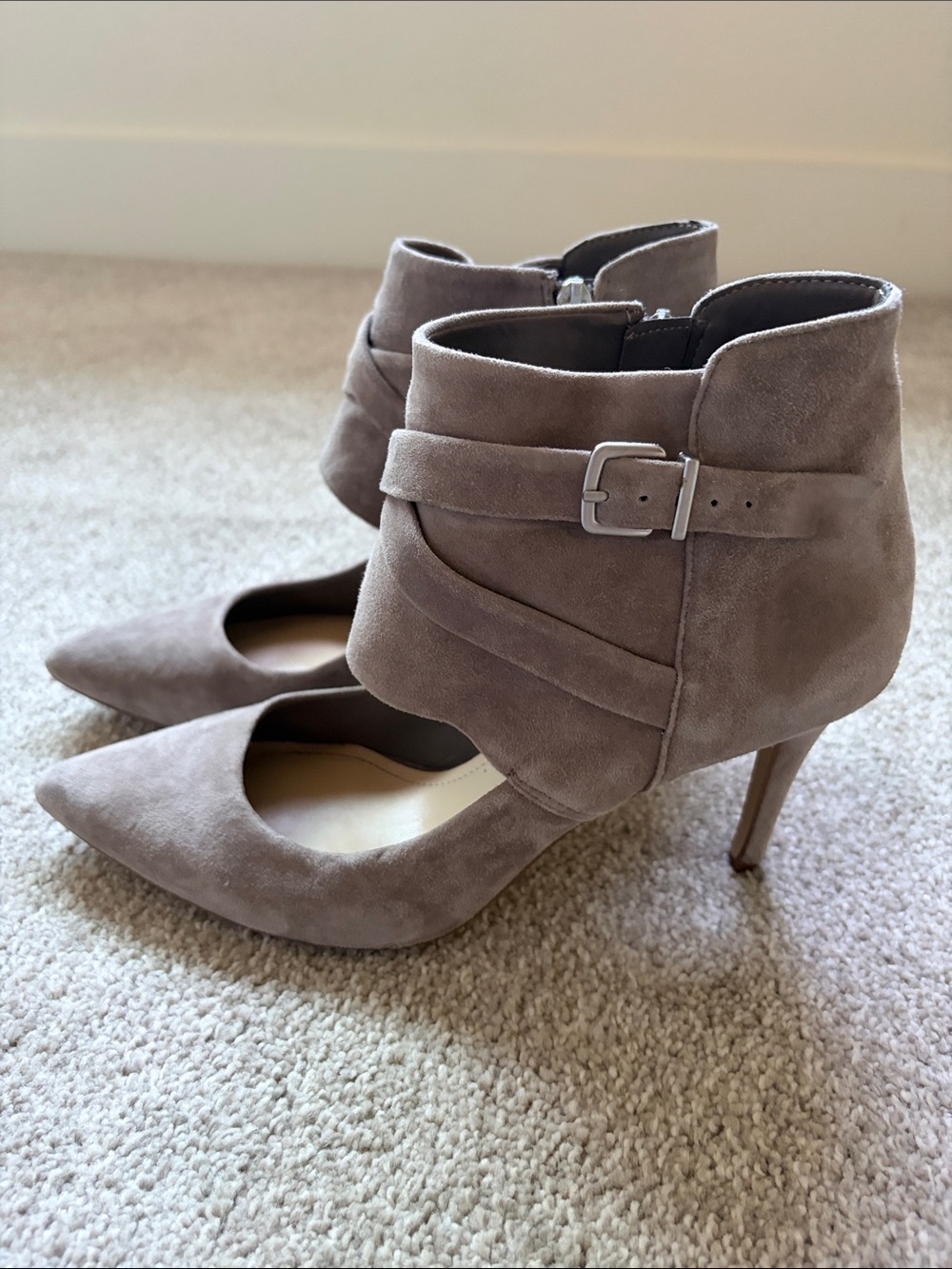 EUC BCBGeneration Suede Pointed-Toe Ankle Strap Pumps - Taupe